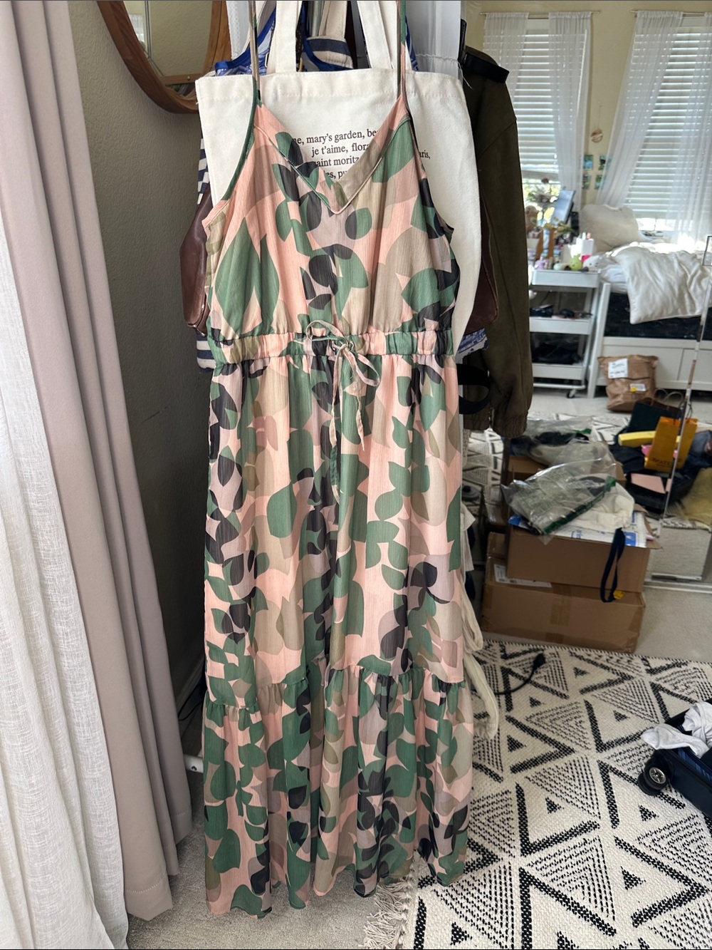 GAP Pink & Green Leaf-Print Spaghetti Strap Maxi Dress